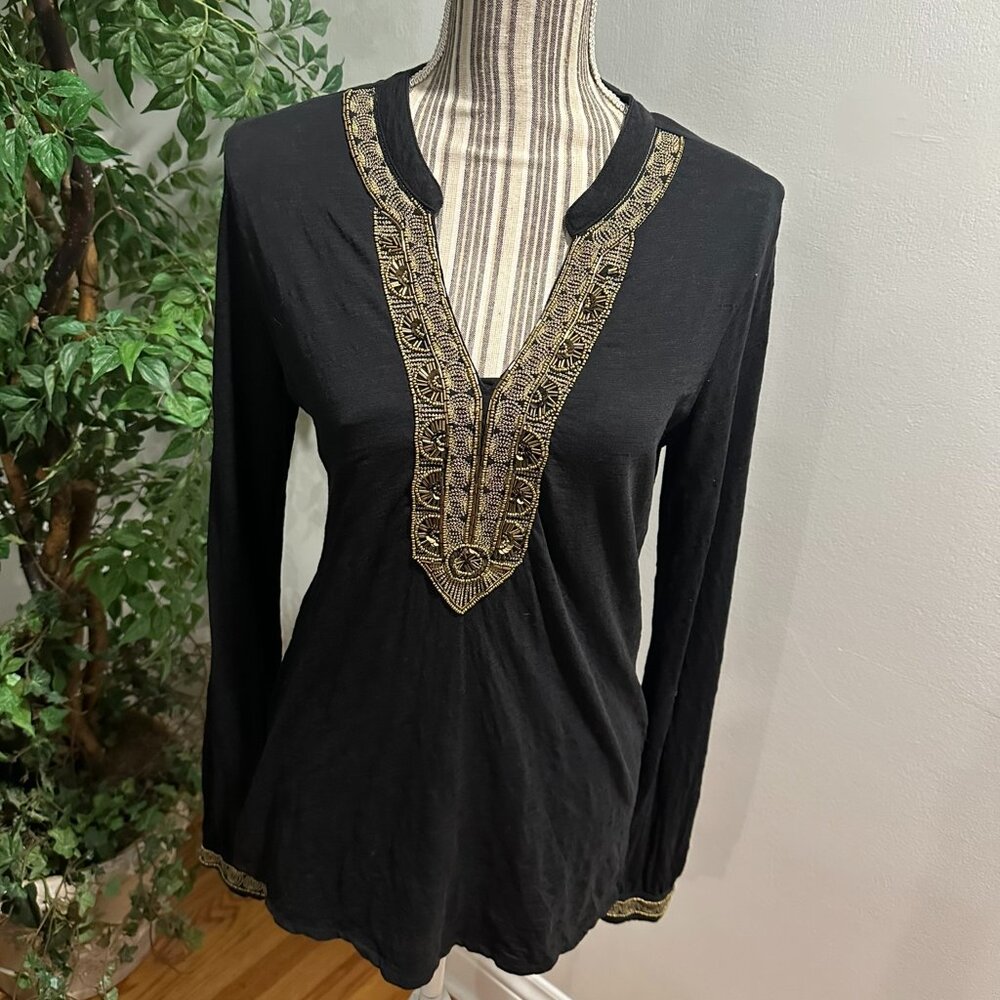 LUCKY BRAND Long Sleeve black and gold beaded long sleeve tunic shirt